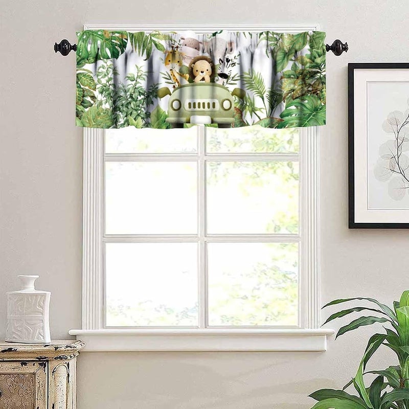 JanJCurt Jungle Safari Curtain Valance, Safari Animals Tropical Natural Green Plants Branches Leaves Floral Print Blackout Short Window Treatment for Kids Bedroom Living Room, 54x18inch - Image 2
